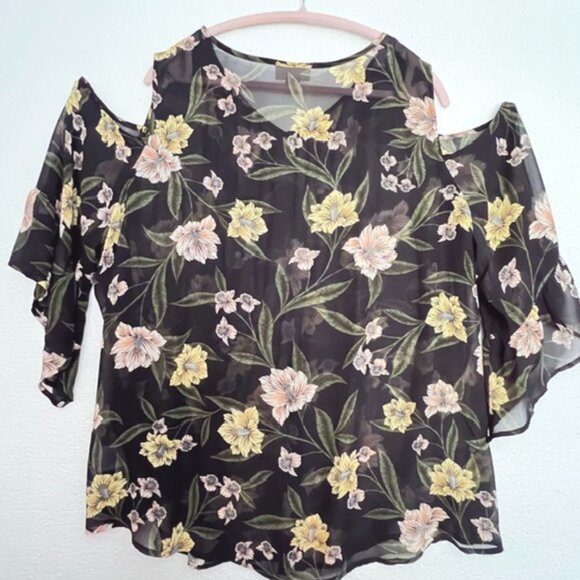 Style & Co Womens Semi-sheer Floral Cold Shoulder Top, size 3X - Picture 2 of 5